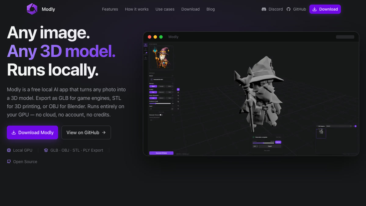 Modly 本地端 AI 圖片轉 3D 的頁面截圖